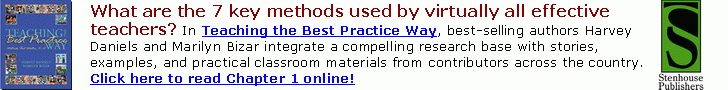 What are the 7 key methods used by virtually all effective teachers?
Teaching the Best Practice Way integrates a compelling research base with stories,
examples, and practical classroom materials from contributors across the country.
Click here or go to www.stenhouse.com to read Chapter 1 online!
