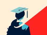 An illustrated profile of a female graduate donned in a ceremonial cap, captured against a contrasting cream and red background. The simple yet powerful depiction highlights educational success and the beginning of a new chapter