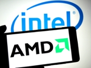 INDIA - 2025/05/18: In this photo illustration, an Advanced Micro Devices (AMD) logo is seen displayed on a smartphone and an Intel logo in the background. (Photo Illustration by Avishek Das/SOPA Images/LightRocket via Getty Images)