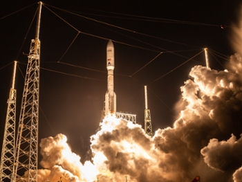 The ULA's Atlas V-551 rocket lifts off from launch pad 41 at the Cape Canaveral Space Force Station with 27 new Amazon Leo satellites. This is the 4th launch that ULA conducts for Amazon Leo, previously known as Amazon Kuiper, on december 14, 2025. (Photo by Manuel Mazzanti/NurPhoto via Getty Images)