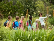 Young teacher with children on nature field trip