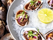 LOS ANGELES, CA - OCTOBER 23: Blood Clams (spanish: Pata de Mula) Baja California blood clams on the half shell, morita sauce, lime & red onion from Holbox on Friday, Oct. 23, 2020 in Los Angeles, CA. (Mariah Tauger / Los Angeles Times via Getty Images)