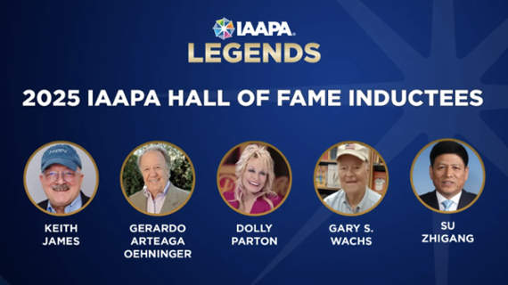 2025 IAAPA Hall of Fame inductees: Keith James, Gerardo Arteaga Oehinger, Dolly Parton, Gary S. Wachs, and Su Zhigang