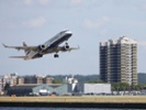 A plane takes off from London City Airport