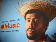SAN FRANCISCO, CALIFORNIA - FEBRUARY 04: An advertisement for the Super Bowl LX Halftime show featuring Bad Bunny is seen in the Super Bowl LX Media Center at the Moscone Center on February 04, 2026 in San Francisco, California.  (Photo by Chris Graythen/Getty Images)