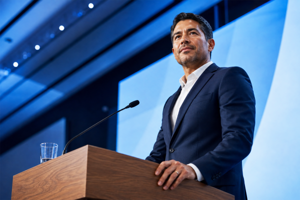 A man in a suit standing at a podium