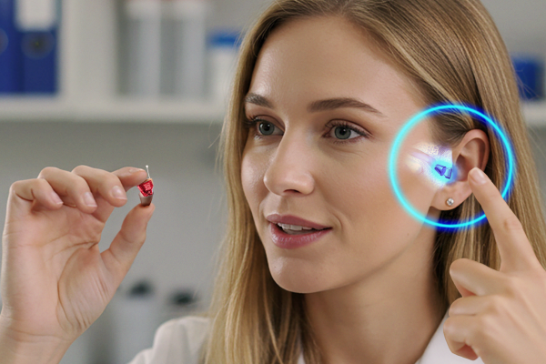A woman holding a hearing device