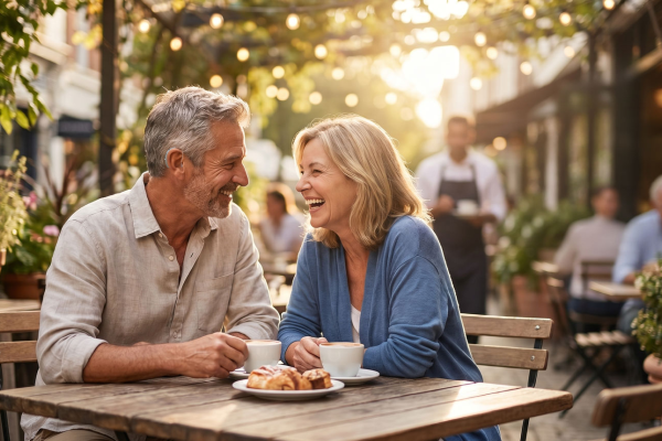 A couple sitting at a cafe drinking coffee