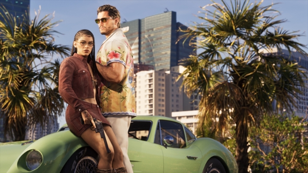 GTA 6 image showing Jason and Lucia next to a sports car