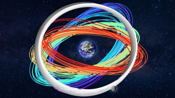an illustration of earth surrounded by colorful bands