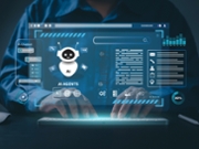 AI agent and generative artificial intelligence concept. Businessman using AI agents on screen, including chatbots, AI assistants, and data analytics tools on a laptop. LLM, Ai agentic workflows.