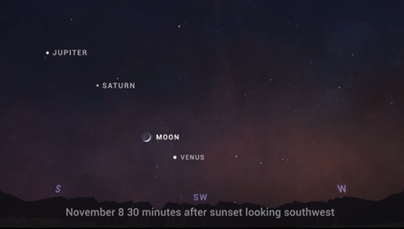 You can see the moon line up with bright Venus, Jupiter and Saturn in the sky tonight