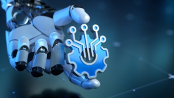 A robotic hand intricately holds a stylized symbol representing artificial intelligence, showcasing advanced technology and innovation in robotics. The image conveys futuristic concepts and digital transformation.