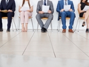 Five candidates waiting for job interviews, front view, crop