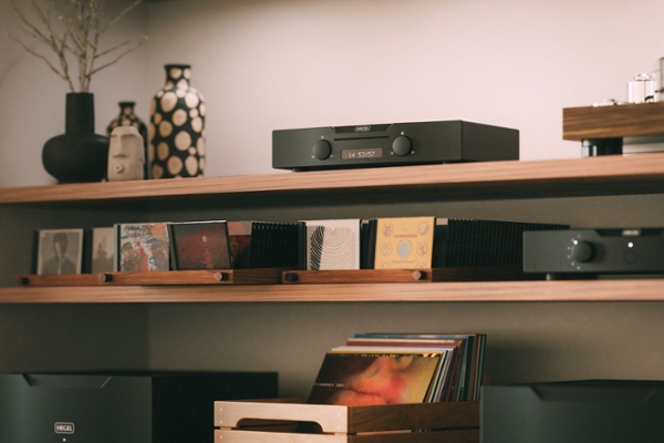 The Hegel Viking CD player on a shelf next to CDs and vases