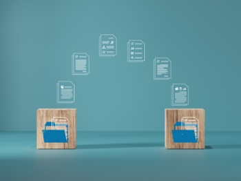 Wooden blocks with virtual document loading to another folder. Data copy or move. Transfer files of data between folders. Exchange of file on folder. Send document to the internet.