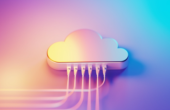 Cloud symbol illuminated by blue and magenta lights on blue and magenta background. Horizontal composition.
