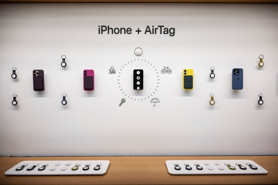Apple AirTags at Apple's Fifth Avenue store in New York, US, on Friday, Sept. 20, 2024. Apple Inc. introduced the latest version of its flagship device, the iPhone 16, betting it can entice consumers with modest hardware upgrades and AI technology that's still on the horizon. Photographer: Victor J. Blue/Bloomberg via Getty Images