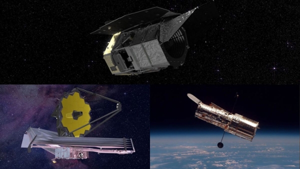 three panels showing cylindrical space telescopes in orbit above earth