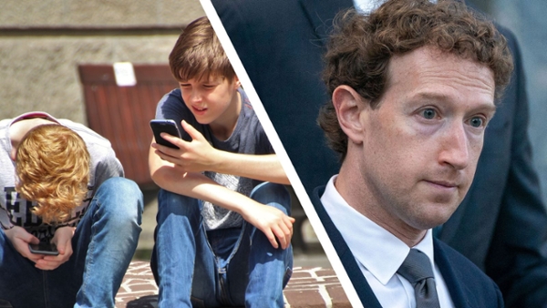 split screen showing two teenage boys looking at their phones and Mark Zuckerberg