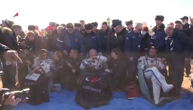 Soyuz lands with film crew after space station movie shoot