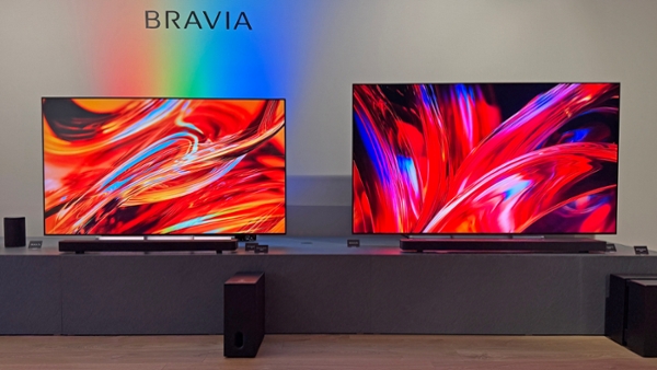 The Sony Bravia 7 II and the Sony Bravia 9 II TVs side by side displaying a colorful abstract demonstration image
