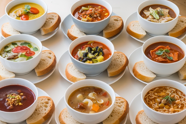 A photo of nine bowls of various soups on white plates