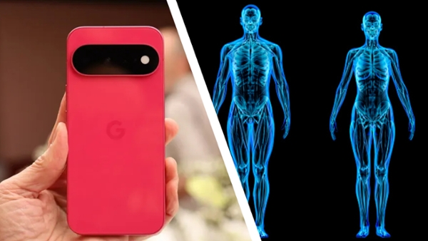 A Google Pixel 11 phone and a body scan image