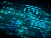 Friendly chatbot icon within a speech bubble engaging with programming code in a futuristic digital interface, symbolizing artificial intelligence in software development