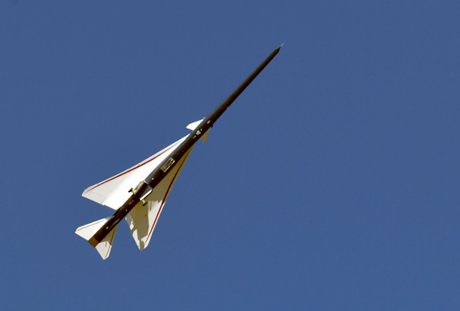 PALMDALE, CALIFORNIA - October 28: Lockheed Martin X-59 Quesst Supersonic Test Jet takes to the air outside Palmdale Air Force base on October 28, 2025 in PALMDALE, CALIFORNIA. NASA made its first test flight of an experimental aircraft designed to break the sound barrier with little noise. (Photo by Nick Ut/Getty Images)