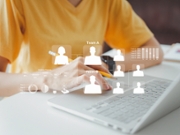 Woman working from home, team work by group division