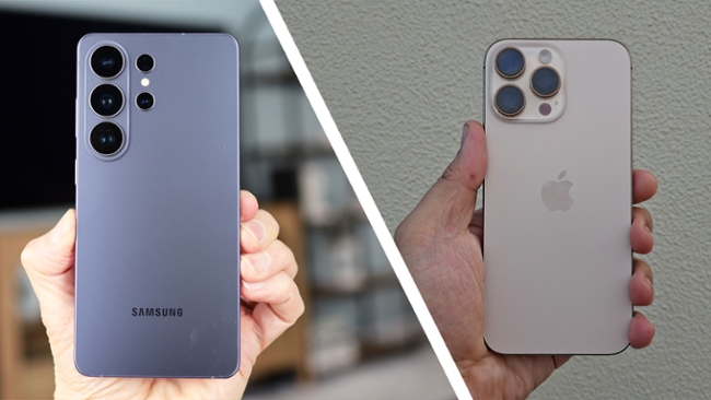 A Samsung Galaxy phone and an Apple iPhone