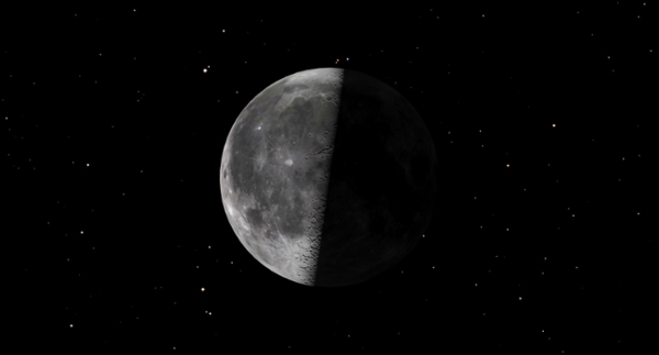 A picture of the half-lit moon against a starry black sky.