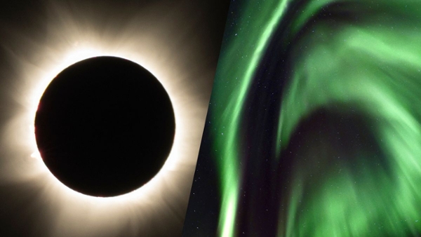 a solar eclipse and green wisps of light