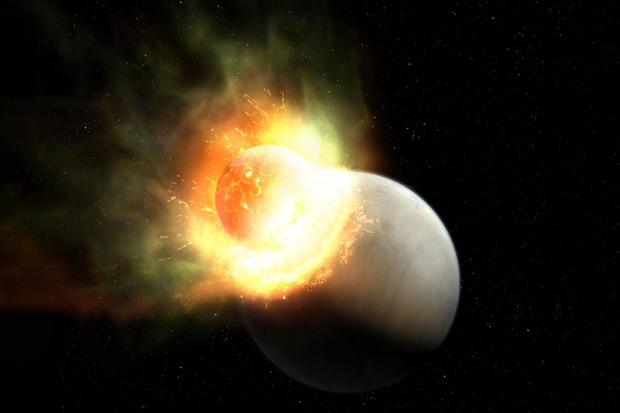 An alien planet lost its atmosphere to a giant impact