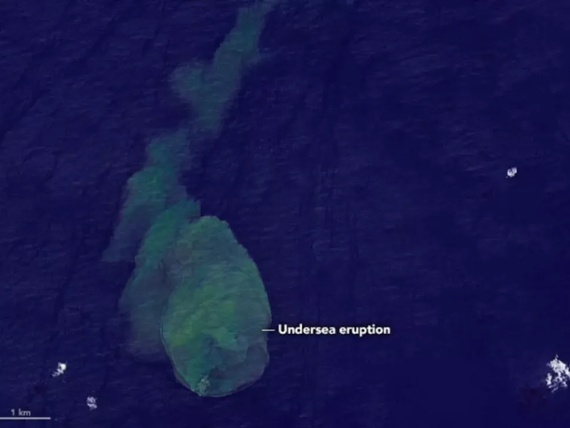 'Sharkcano' view from space shows an undersea volcano erupting