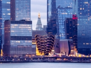 New York, NY - USA - Jan 2, 2022: Closeup view at sunset of the elaborate honeycomb-like structure the Vessel, a visitor attraction built as part of the Hudson Yards Redevelopment Project in Manhattan