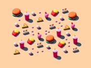 High angle view digital composite of collection of unhealthy food on pastel background made with modeling clay as a concept of unnutritious junk food