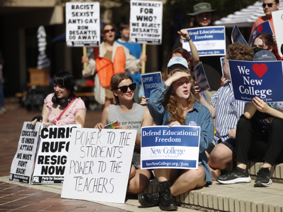 Students during a Defend New College protest in Sarasota, Florida, US, on Tuesday, Jan. 31, 2023. Governor DeSantis blasted New College of Florida Tuesday on the cusp of a big Board of Trustees meeting, saying the school has been too focused on racial and "gender ideology" and will be reformed by a new board he put in place, which is getting big money to recruit new faculty. Photographer: Octavio Jones/Bloomberg via Getty Images