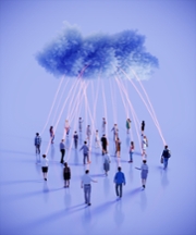 Surreal communication concept showing people connected by glowing lines reaching into a large cloud above them. Represents cloud communication, social network, digital connection, data exchange and community interaction. (3d render)
