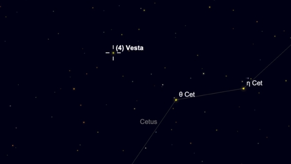 A starmap showing the location of the asteroid Vesta in the constellation Cetus.