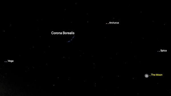 The stars of the constellation Corona Borealis are pictured in a black sky connected by a blue line, with the bright star Arcturus labelled on the right and the moon to the bottom right of the image.