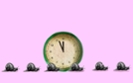 Snails crawling near clock against pink background