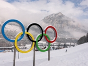 TESERO, ITALY - FEBRUARY 03: Olympic rings at the Tesero Cross-Country Skiing Stadium ahead of the Milano Cortina 2026 Winter Olympics on February 03, 2026 in Tesero, Italy. (Photo by Alex Pantling/Getty Images)