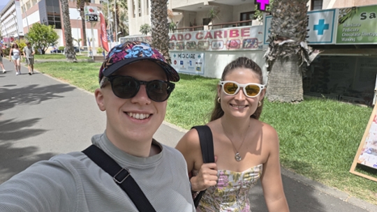 Hamish Hector and wife Izzy wearing Meta glasses