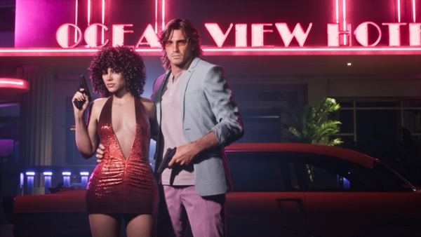 Jason and Lucia beside the iconic Oceanview Motel in Vice City