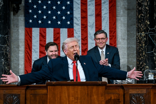 WASHINGTON, DC - FEBRUARY 24: U.S. President Donald Trump delivers the State of the Union address during a joint session of Congress in the House Chamber at the Capitol on February 24, 2026 in Washington, DC. Trump delivered his address days after the Supreme Court struck down the administration's tariff strategy, and amid a U.S. military buildup in the Persian Gulf threatening Iran. (Photo by Kenny Holston-Pool/Getty Images)