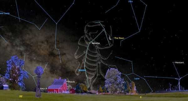 A simulation of the night sky for Feb. 10 showing the half-lit moon in the constellation Scorpius