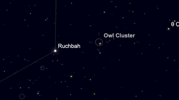 The location of the Owl Cluster is shown in the constellation Cassiopeia.
