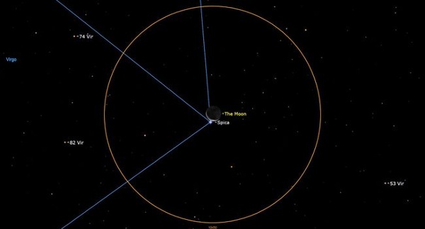 The moon eclipses bright blue star Spica this week